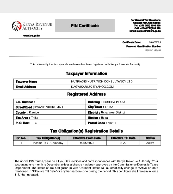 KRA PIN Certificate
